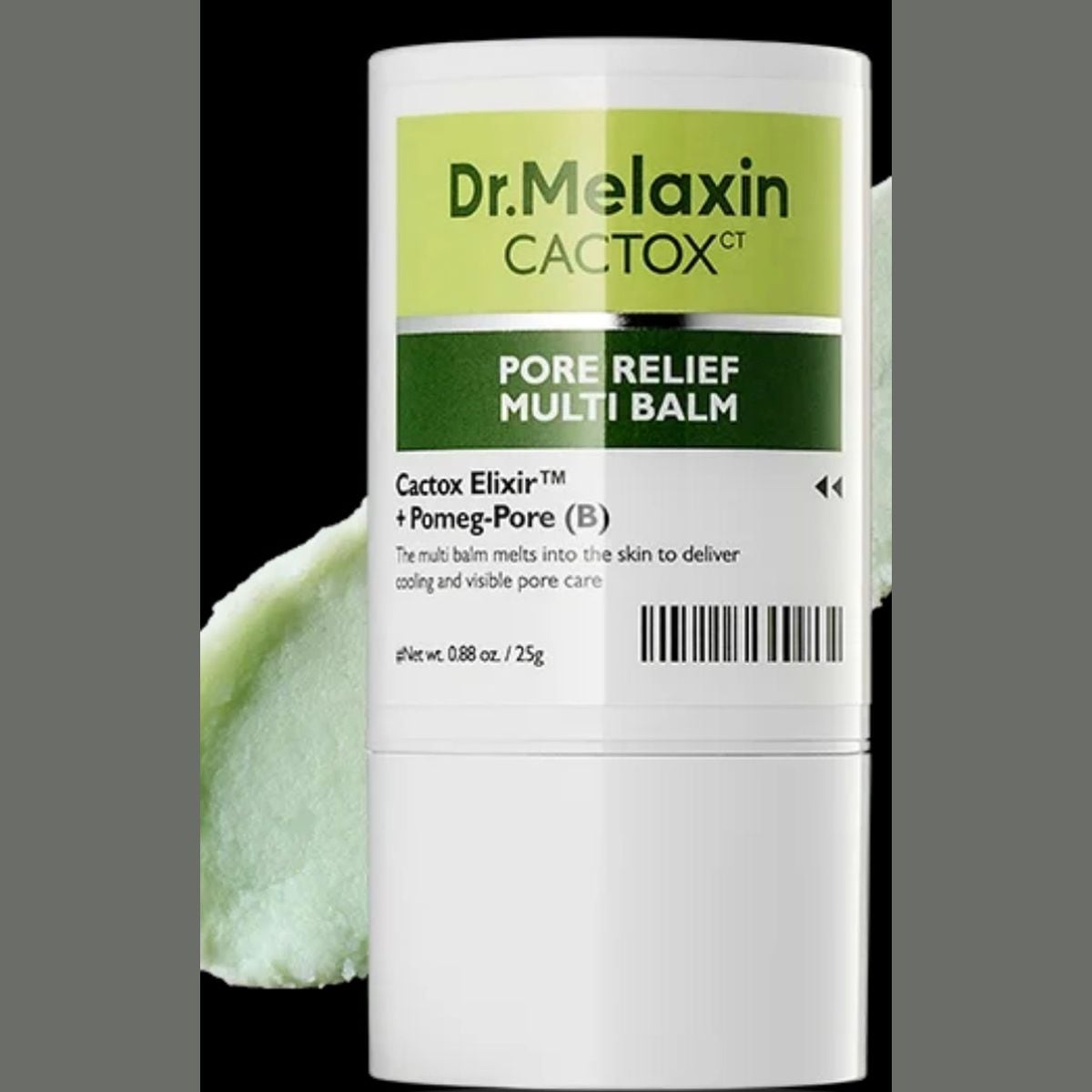 Dr.Melaxin Cactox Pore Relief Multi Balm, ein weißer Stick mit grünem Etikett, neben einem Streifen hellgrünen Balsams