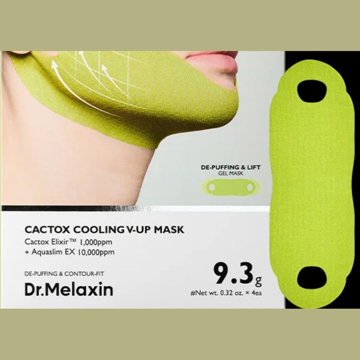 Dr.Melaxin Cactox Cooling V-Up Mask box next to a single lime-green gel band with ear loops