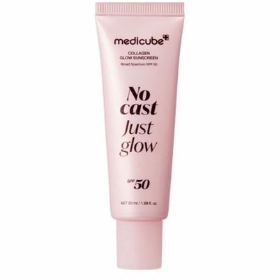 Pink 50 ml tube of medicube Collagen Glow Sunscreen SPF 50 printed with the words No cast Just glow