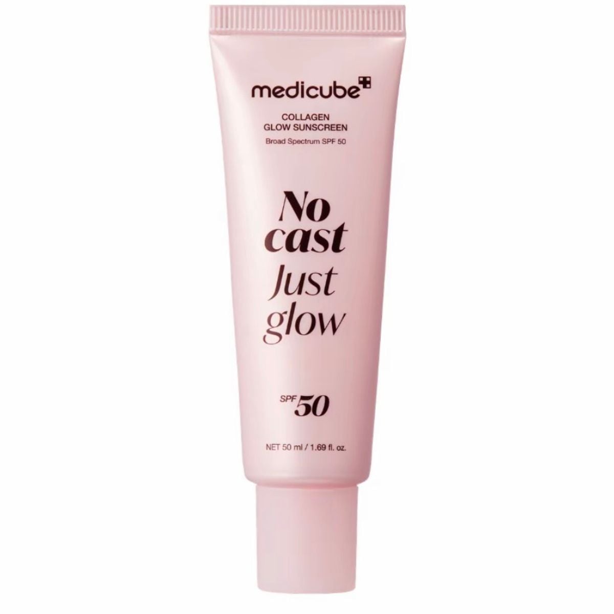 Pink 50 ml tube of medicube Collagen Glow Sunscreen SPF 50 printed with the words No cast Just glow