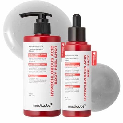 medicube Hypochlorous Acid Body Peel Shot 280 ml pump bottle and Hypochlorous Acid Peel Shot 80 ml dropper bottle, red and white packaging