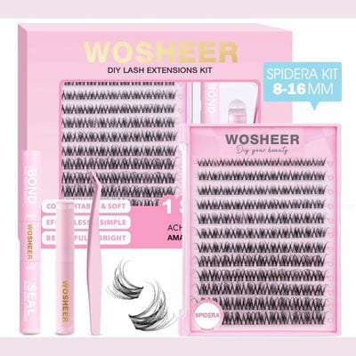 Kit extension ciglia fai da te Wosheer Spidera in nero: scatola rosa, vassoio di ciuffetti 8–16 mm, penna Bond & Seal, remover e pinzetta