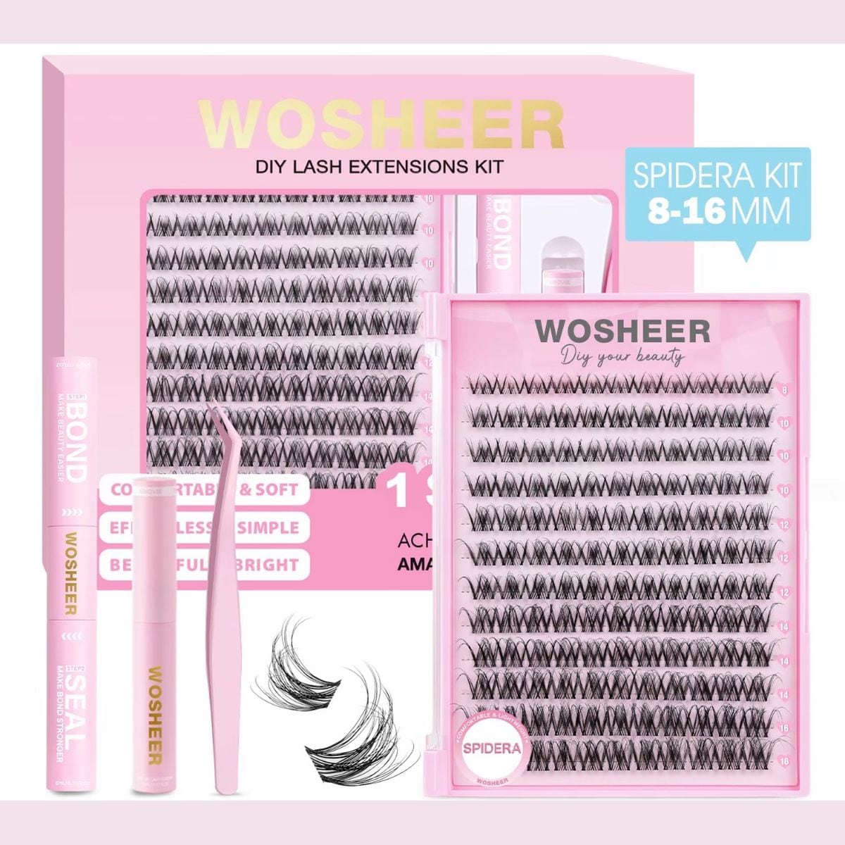 Wosheer Spidera DIY-kit för fransförlängning i svart: rosa ask, bricka med franskluster 8–16 mm, Bond & Seal-penna, remover och pincett
